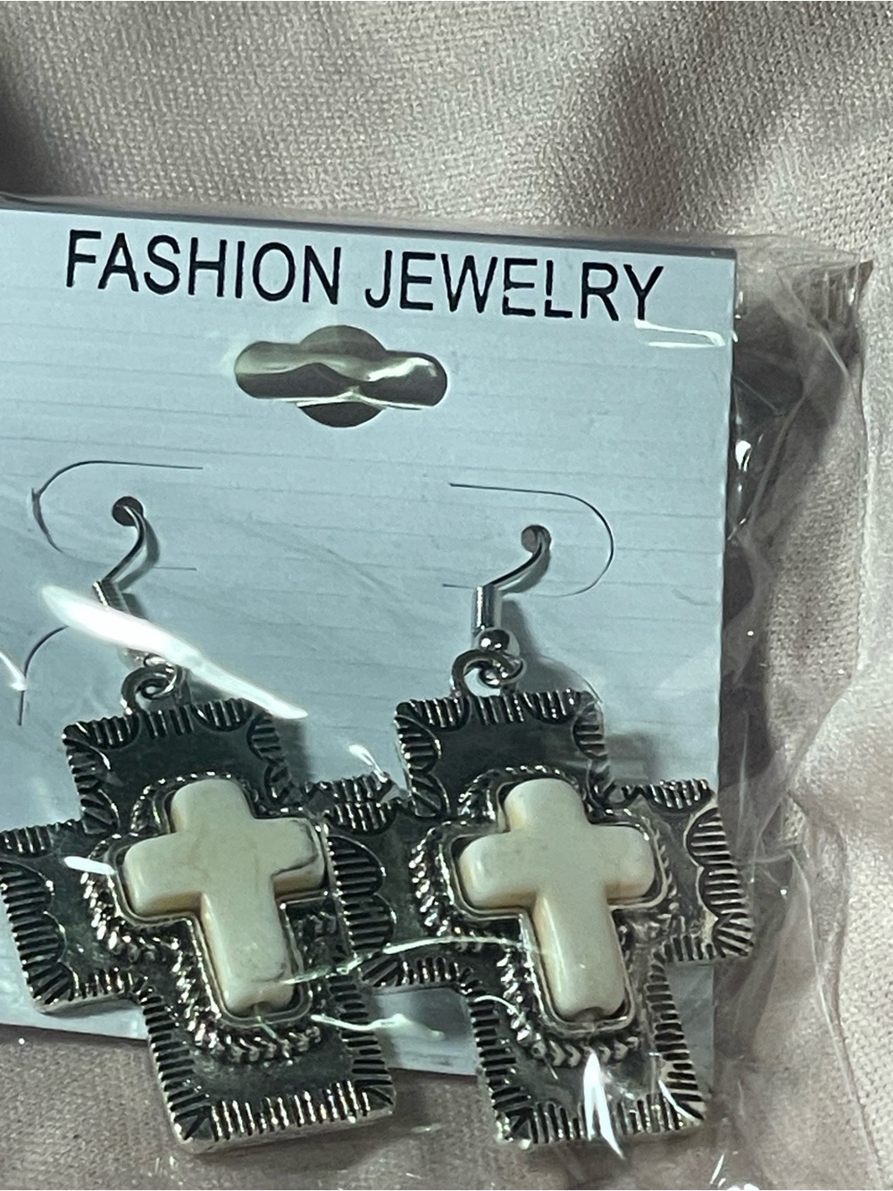 Fashion Jewelry Silver-Tone Earrings with White Cross Inlay